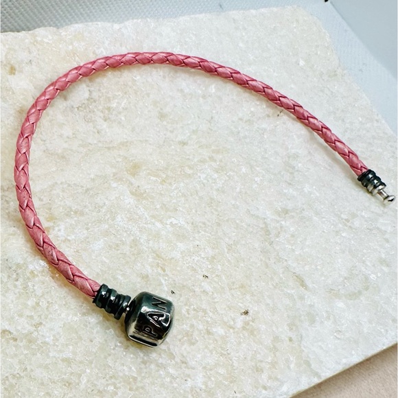 EUC Pandora 590705CMP-S Single Shimmering Pink Woven Leather Clasp Bracelet - Picture 12 of 15